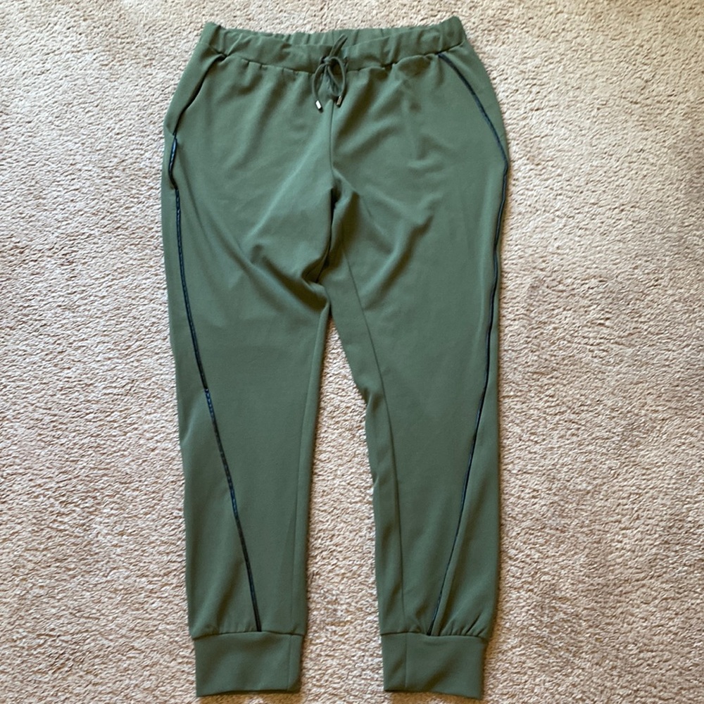 NeNe Leakes jogger pants size XL. Olive green black faux leather side stripe.
